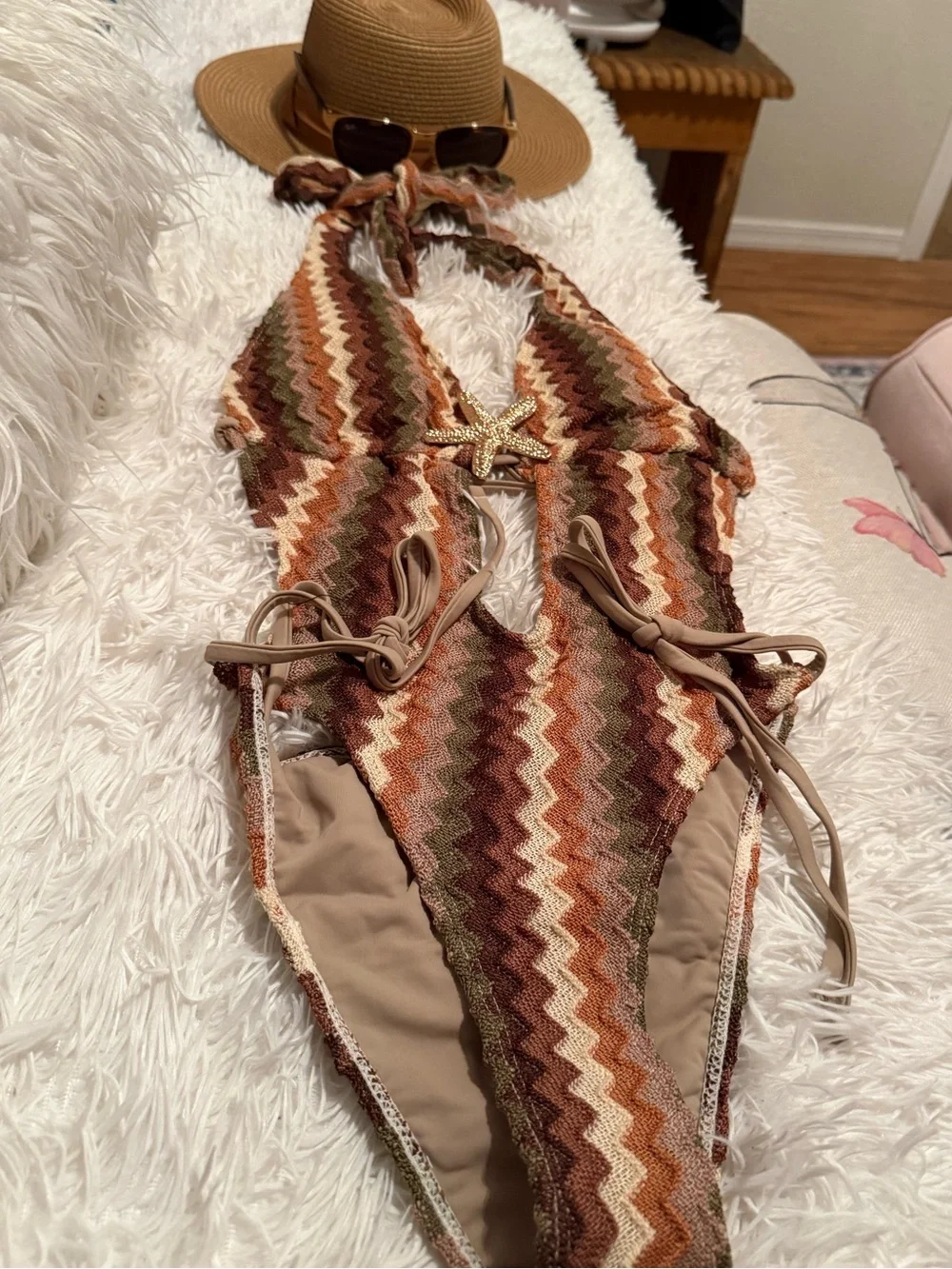 Women’s sexy  One-Piece Swimsuit in multi colors - brown, olive green & beige